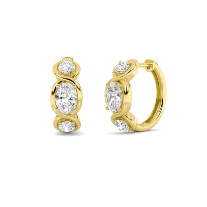 2.5CTW Oval Lab-Grown Diamond Bezel Hoop|Huggies Three Stone Huggie Earrings 6 Stones