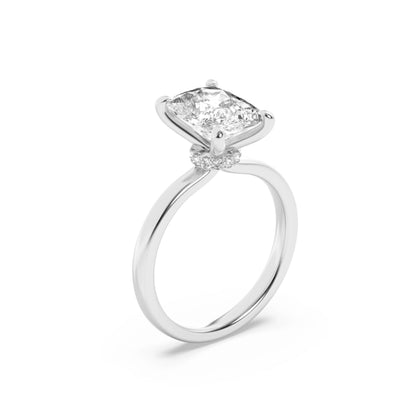 2CTW Elongated Cushion Lab-Grown Diamond Prong Hidden Halo Plain Shank Engagement Ring 14 Stones