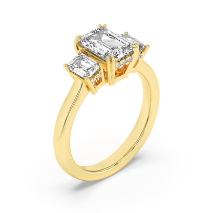 3CTW Emerald Lab-Grown Diamond Prong Three Stone Accented Ring 17 Stones