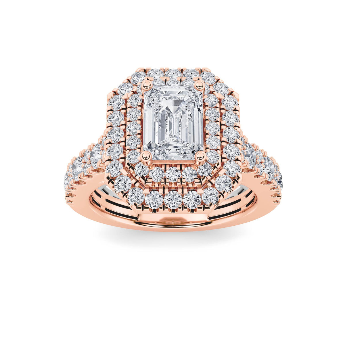 2CTW Emerald Lab-Grown Diamond Prong Double Halo Engagement Ring 79 Stones