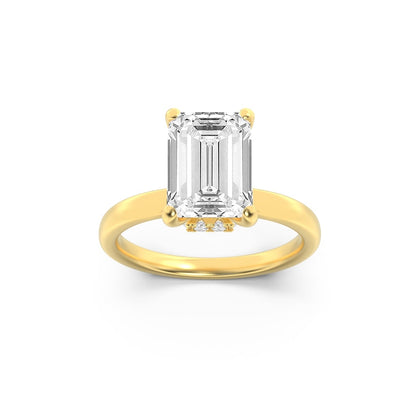 3CTW Emerald Lab-Grown Diamond Prong Hidden Halo Plain Shank Engagement Ring 16 Stones
