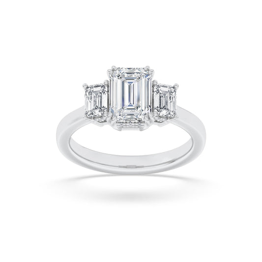 3CTW Emerald Lab-Grown Diamond Prong Three Stone Accented Ring 17 Stones
