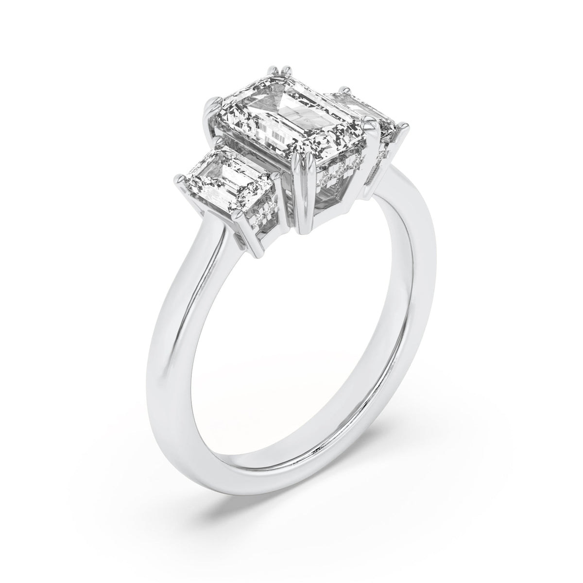 3CTW Emerald Lab-Grown Diamond Prong Three Stone Accented Ring 17 Stones