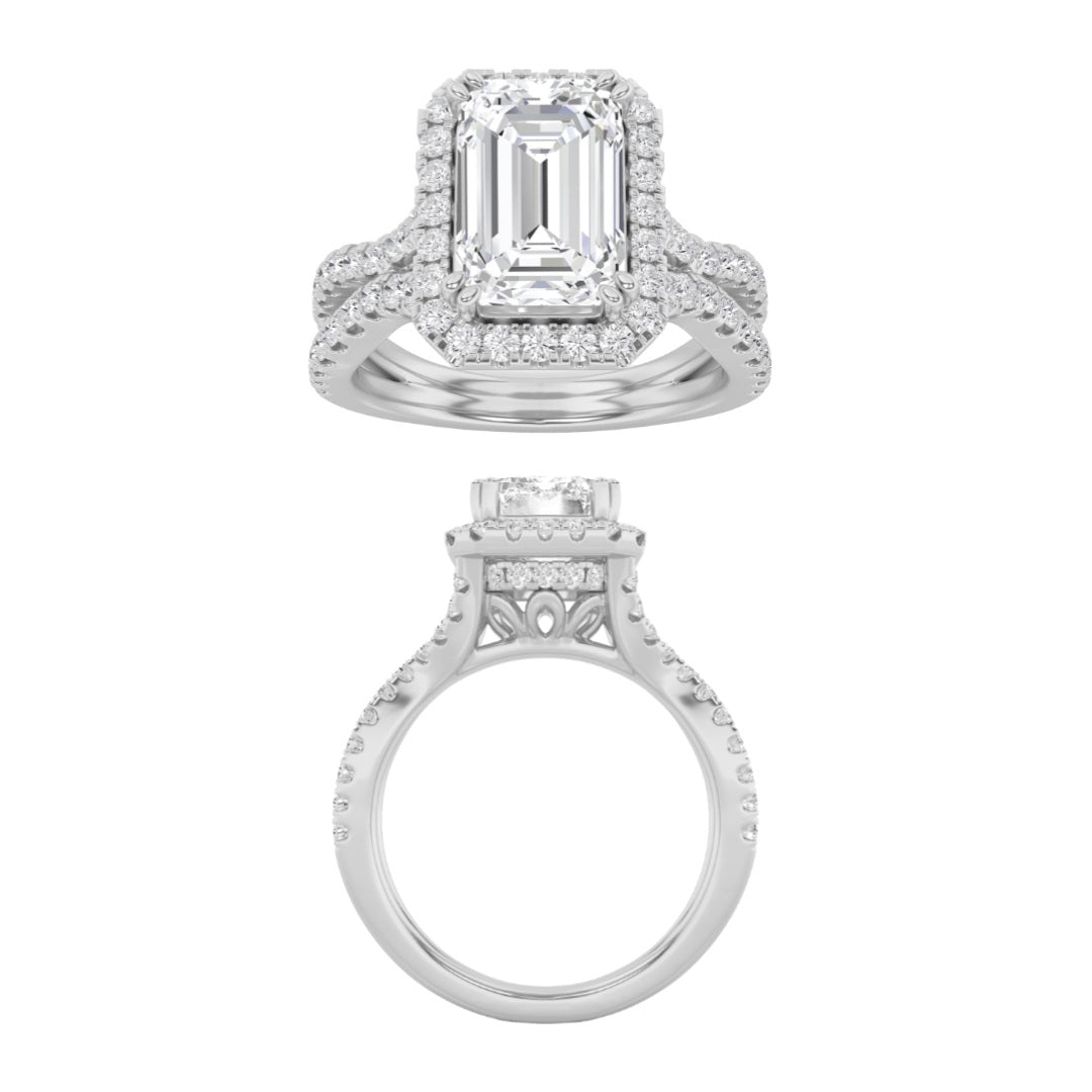 3CTW Emerald Lab-Grown Diamond Prong Split Shank Accented Ring 71 Stones
