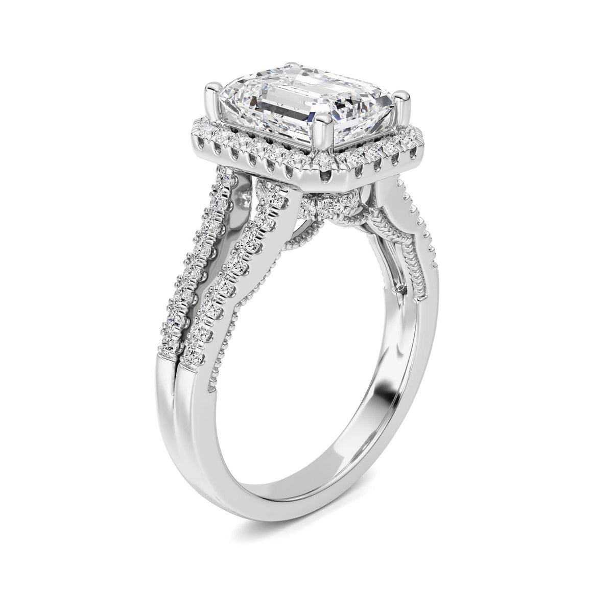 3CTW Emerald Lab-Grown Diamond Prong Split Shank Accented Ring 71 Stones