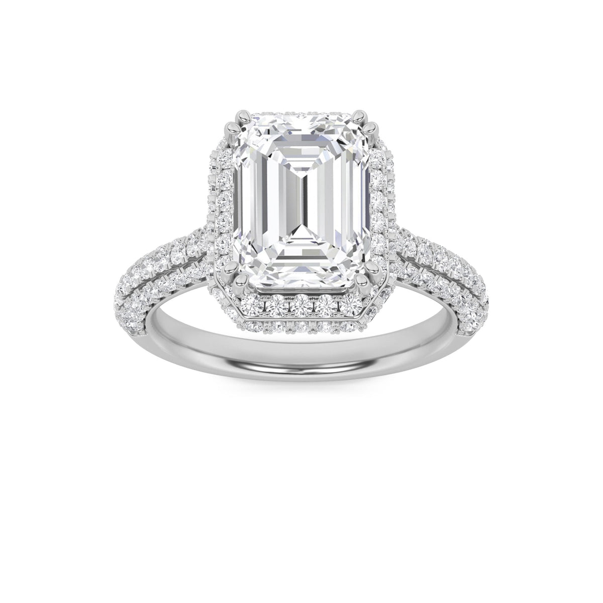 3CTW Emerald Lab-Grown Diamond Prong Halo Accented Engagement Ring 149 Stones