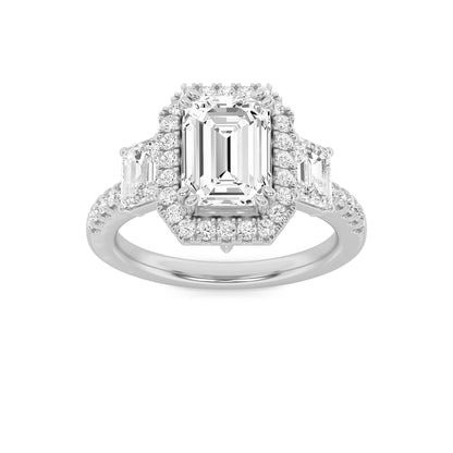 3CTW Emerald Lab-Grown Diamond Prong Three Stone Accented Engagement Ring 57 Stones
