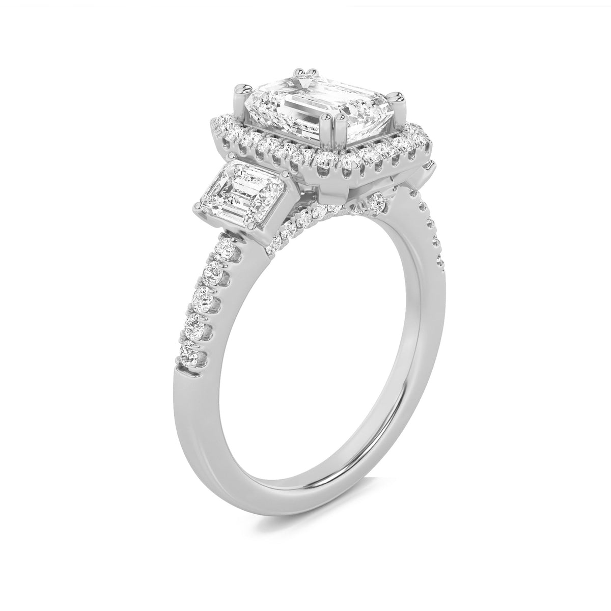 3CTW Emerald Lab-Grown Diamond Prong Three Stone Accented Engagement Ring 57 Stones