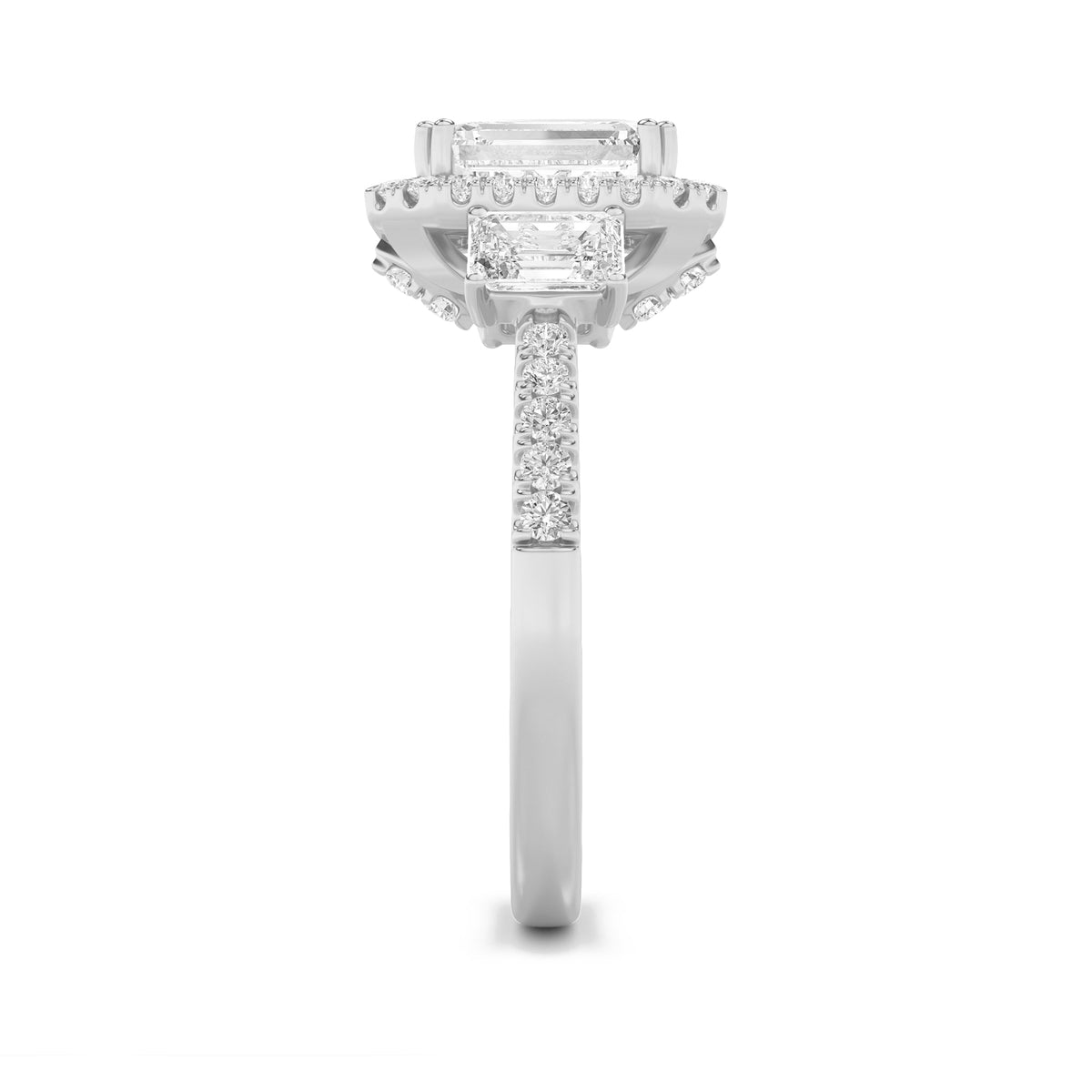 3CTW Emerald Lab-Grown Diamond Prong Three Stone Accented Engagement Ring 57 Stones
