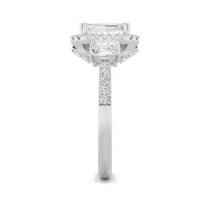 3CTW Emerald Lab-Grown Diamond Prong Three Stone Accented Engagement Ring 57 Stones