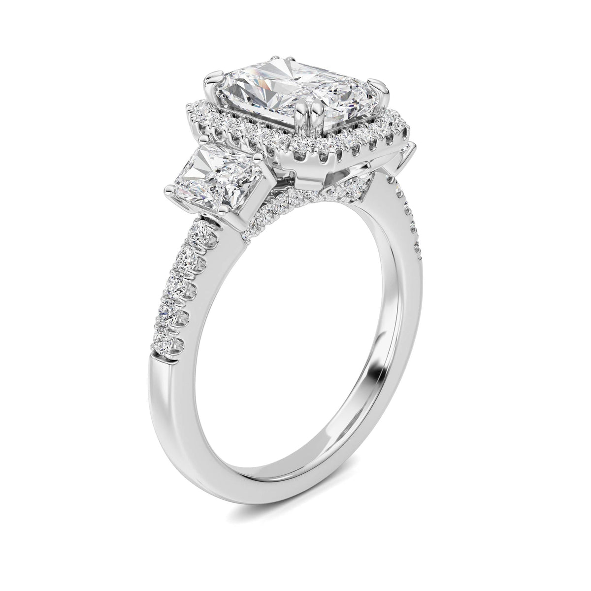 3CTW Radiant Lab-Grown Diamond Prong Accented Three Stone Ring 57 Stones