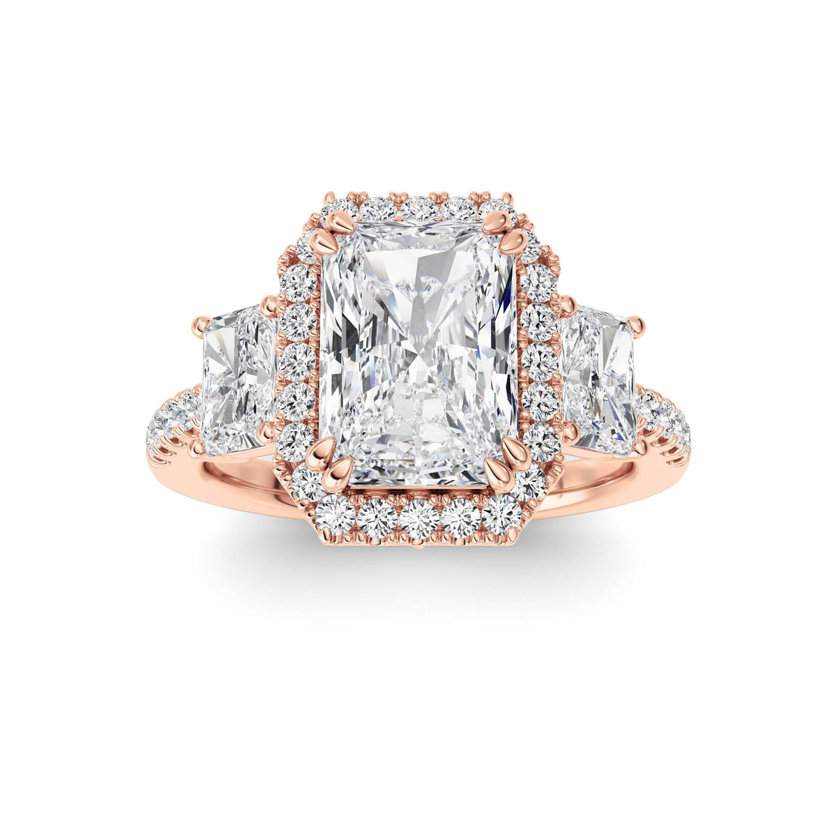3CTW Radiant Lab-Grown Diamond Prong Accented Three Stone Ring 57 Stones