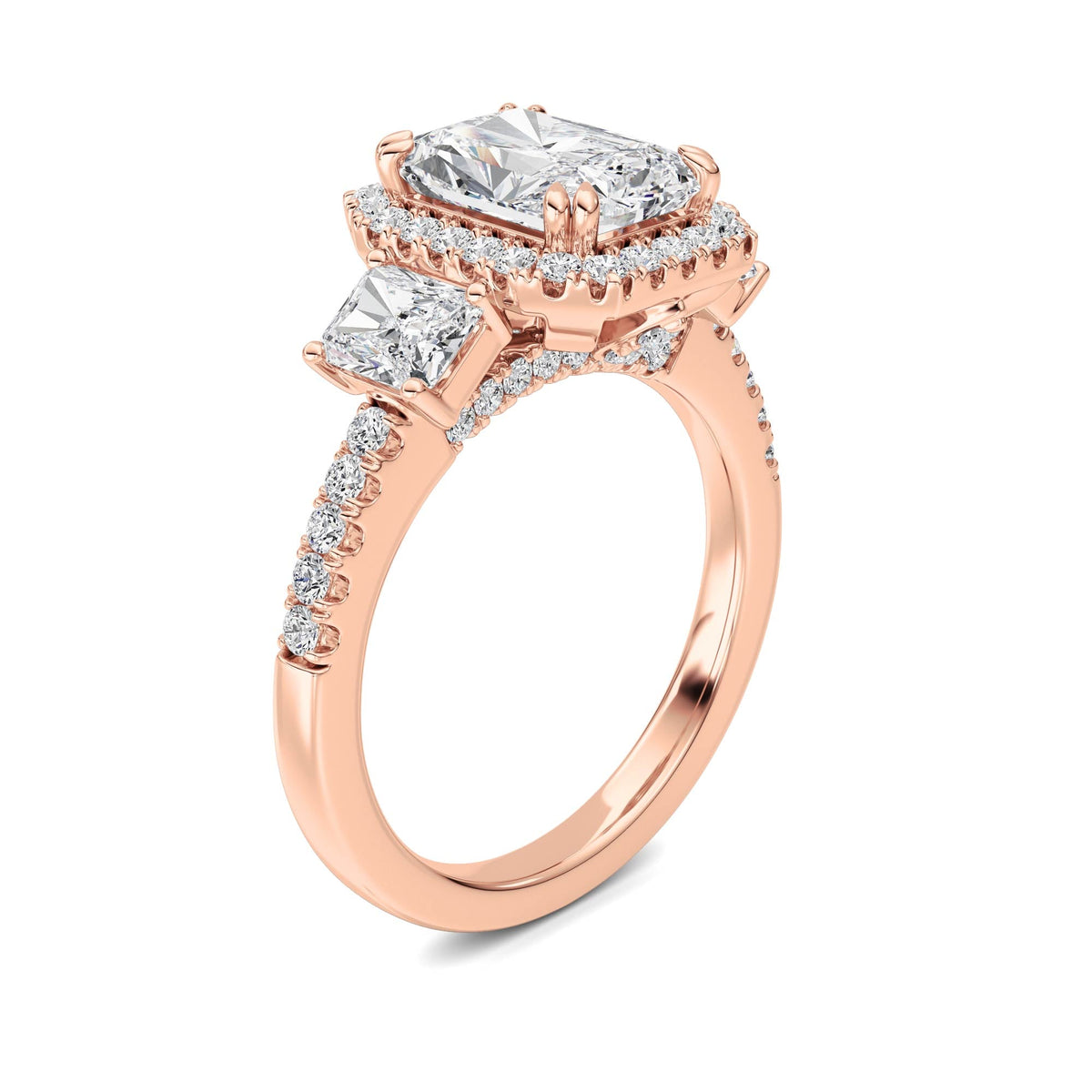 3CTW Radiant Lab-Grown Diamond Prong Accented Three Stone Ring 57 Stones
