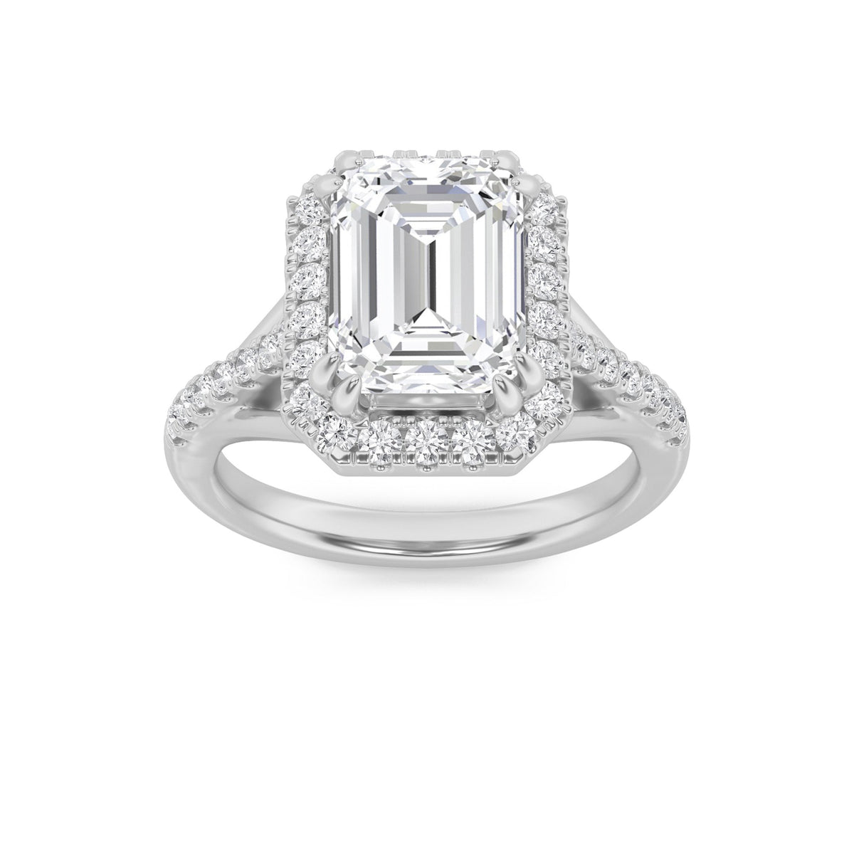3CTW Emerald Lab-Grown Diamond Prong Halo Accented Engagement Ring 37 Stones