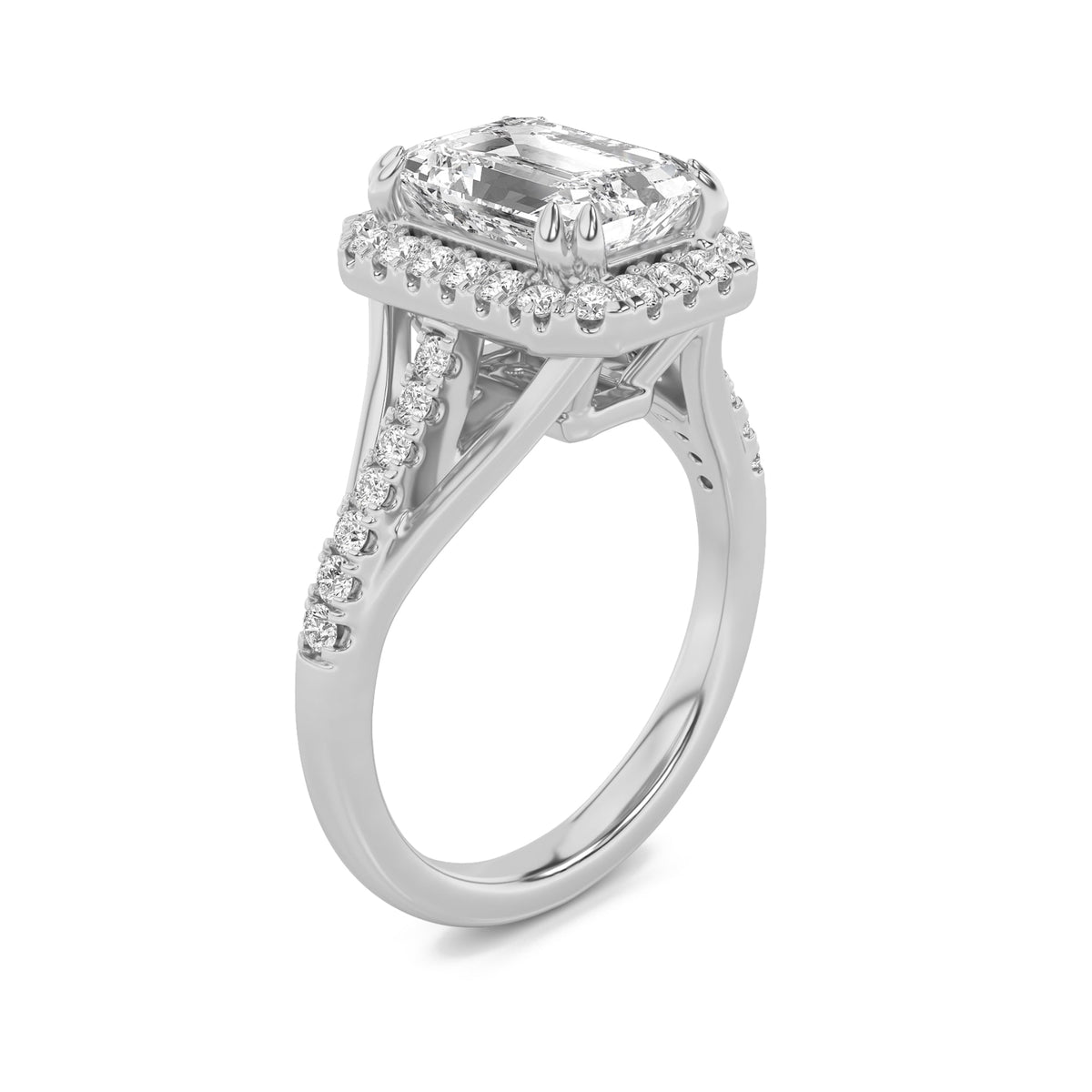 3CTW Emerald Lab-Grown Diamond Prong Halo Accented Engagement Ring 37 Stones