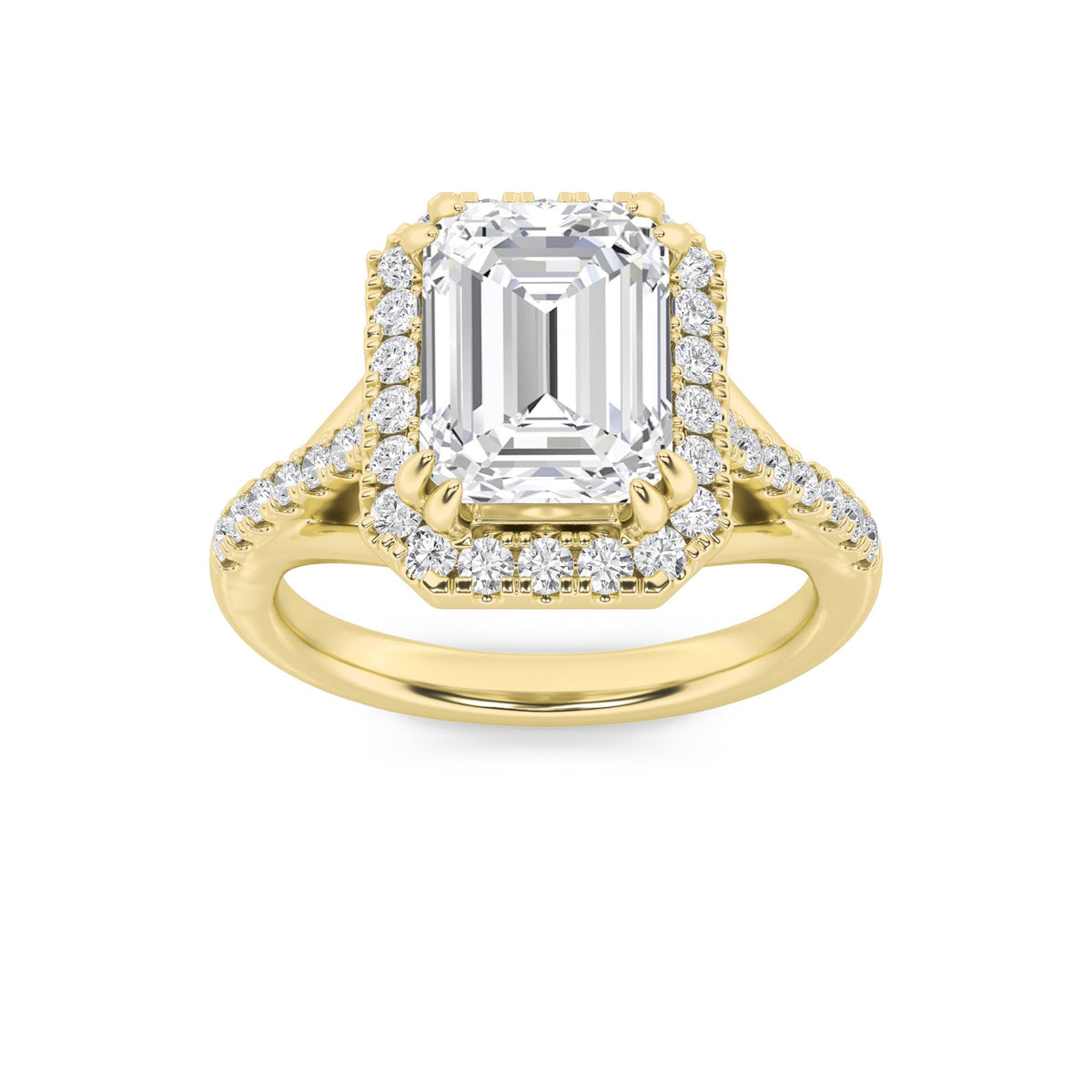 3CTW Emerald Lab-Grown Diamond Prong Halo Accented Engagement Ring 37 Stones