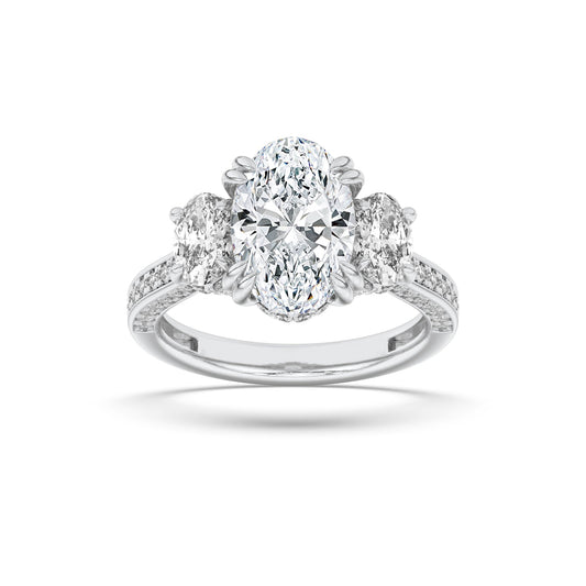 5CTW Oval Lab-Grown Diamond Prong Three Stone Accented Engagement Ring 89 Stones