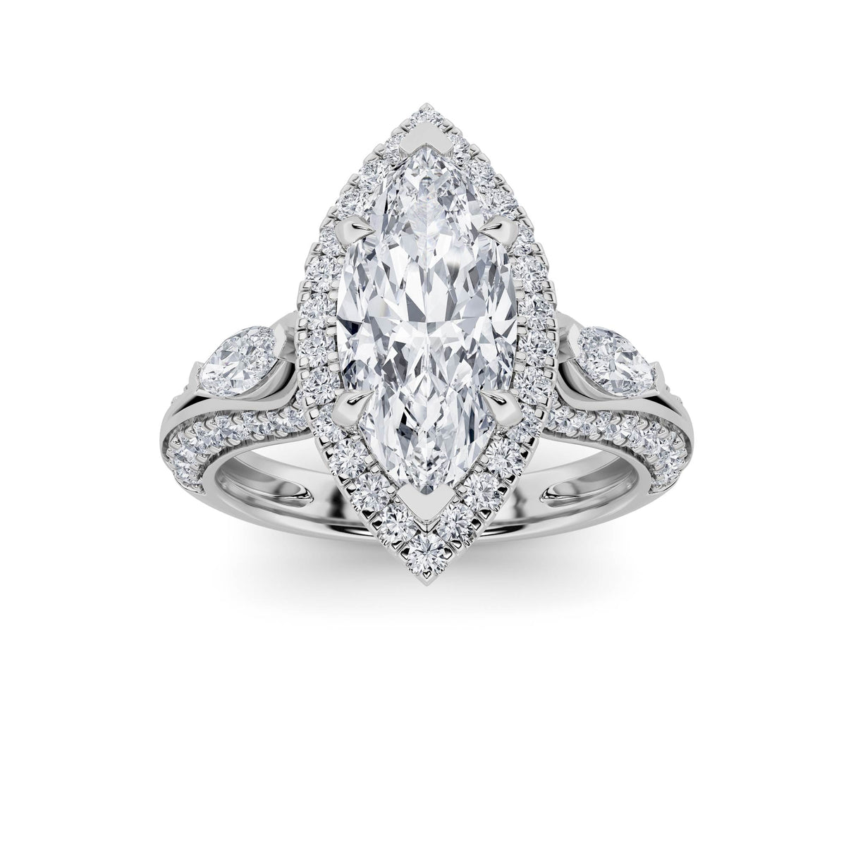 3CTW Marquise Lab-Grown Diamond Prong Three Stone Halo Engagement Ring 69 Stones