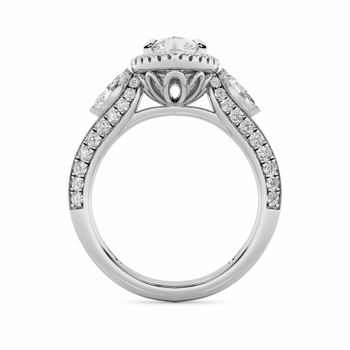 3CTW Marquise Lab-Grown Diamond Prong Three Stone Halo Engagement Ring 69 Stones