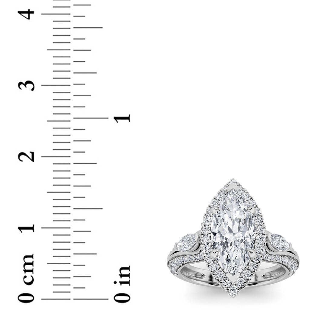 3CTW Marquise Lab-Grown Diamond Prong Three Stone Halo Engagement Ring 69 Stones