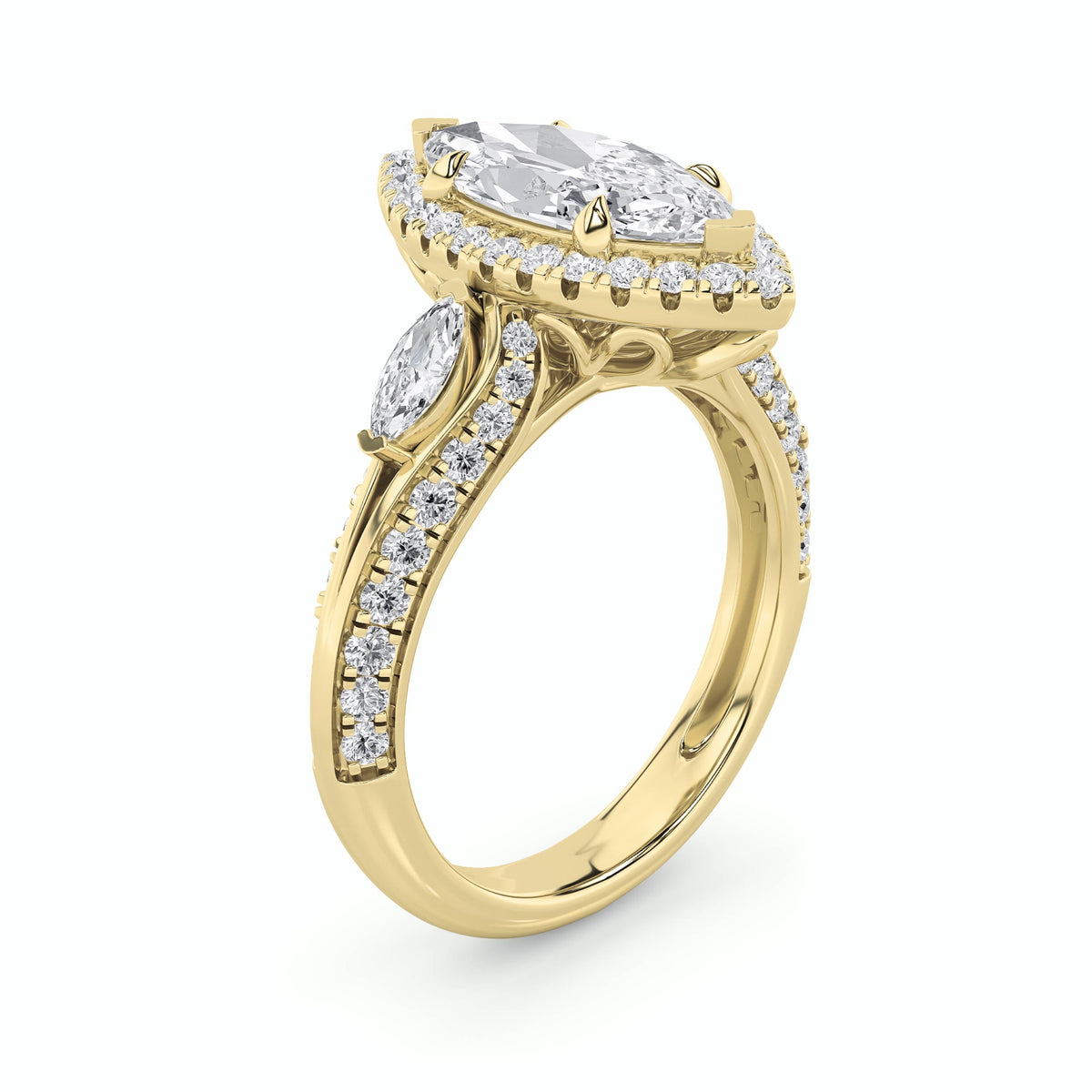 3CTW Marquise Lab-Grown Diamond Prong Three Stone Halo Engagement Ring 69 Stones