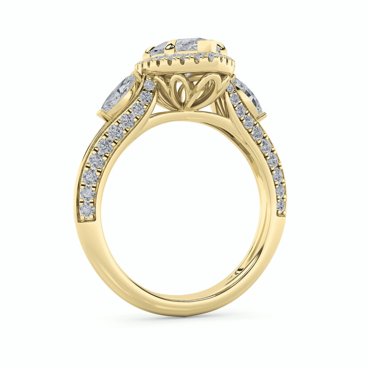 3CTW Marquise Lab-Grown Diamond Prong Three Stone Halo Engagement Ring 69 Stones