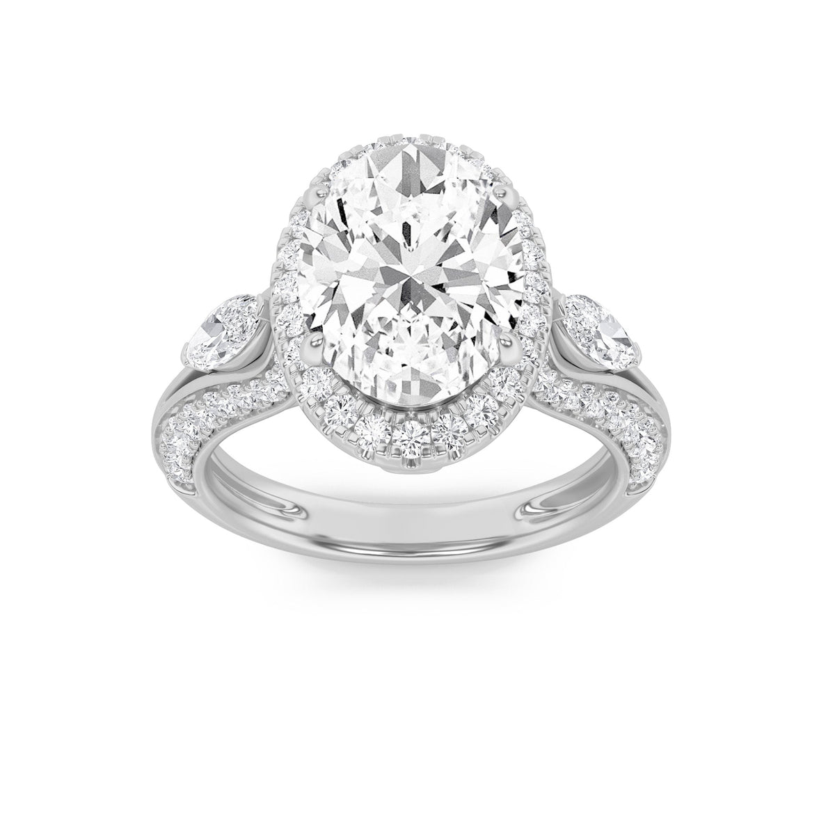 3CTW Oval Lab-Grown Diamond Prong Three Stone Halo Engagement Ring 65 Stones