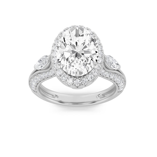 3CTW Oval Lab-Grown Diamond Prong Three Stone Halo Engagement Ring 65 Stones