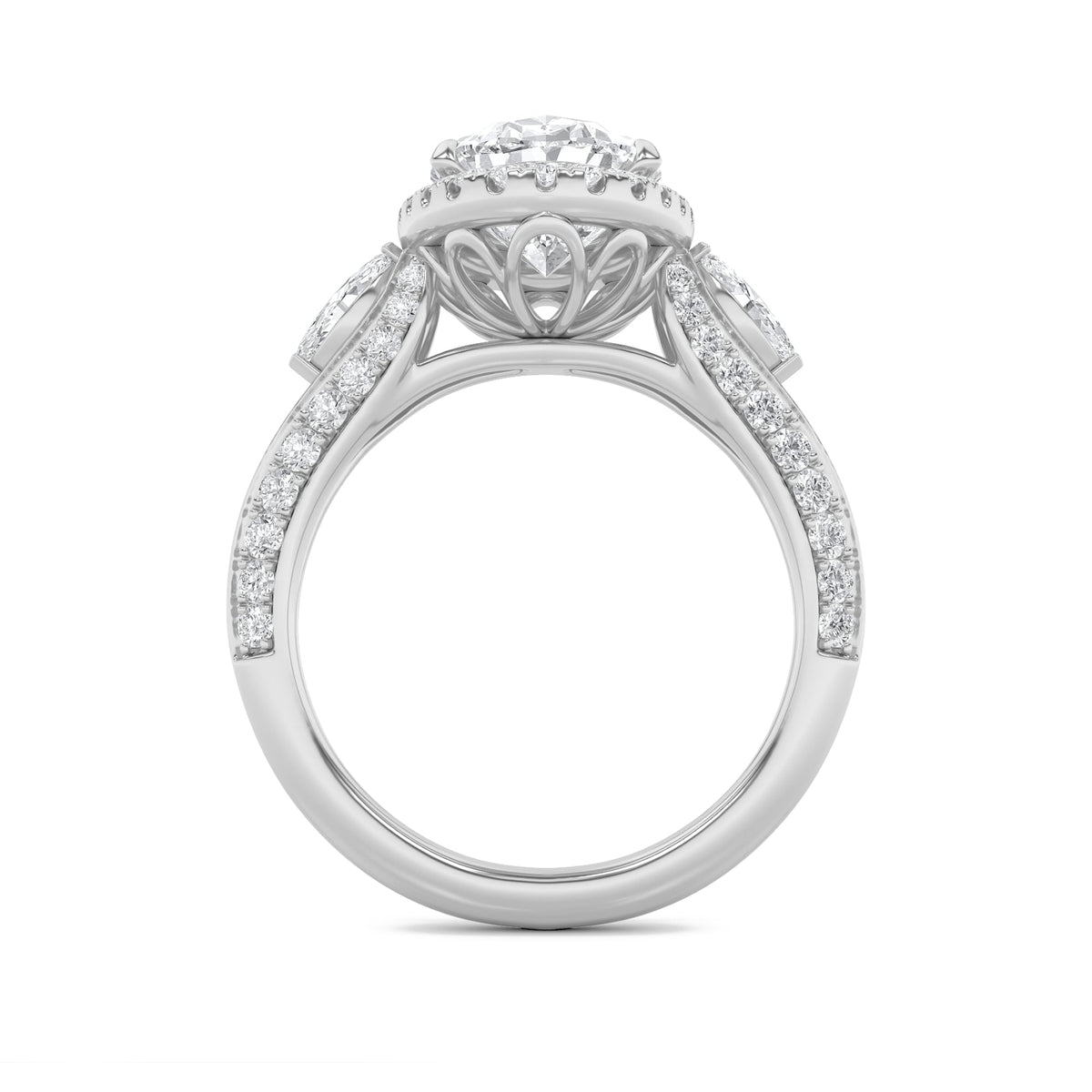 3CTW Oval Lab-Grown Diamond Prong Three Stone Halo Engagement Ring 65 Stones