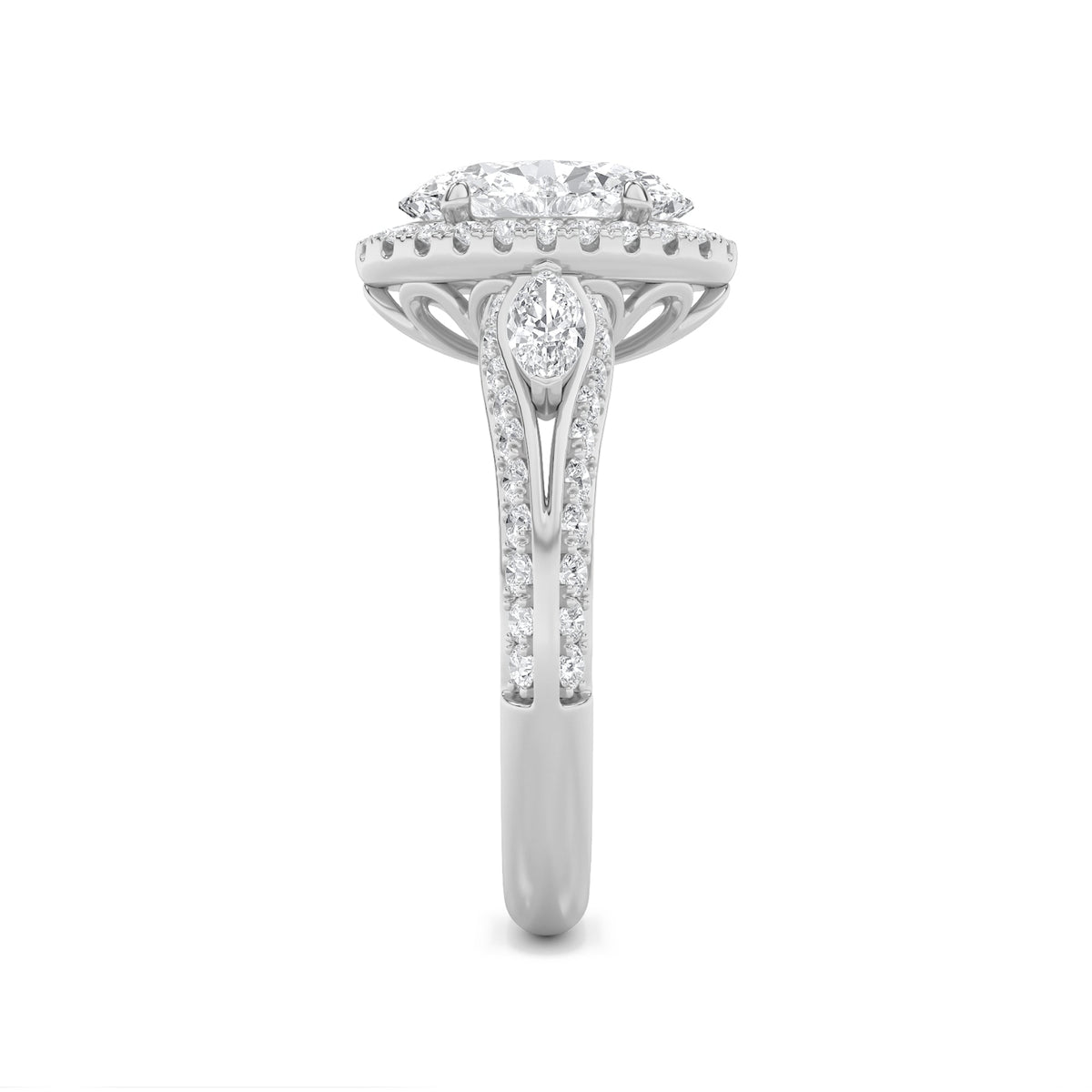 3CTW Oval Lab-Grown Diamond Prong Three Stone Halo Engagement Ring 65 Stones