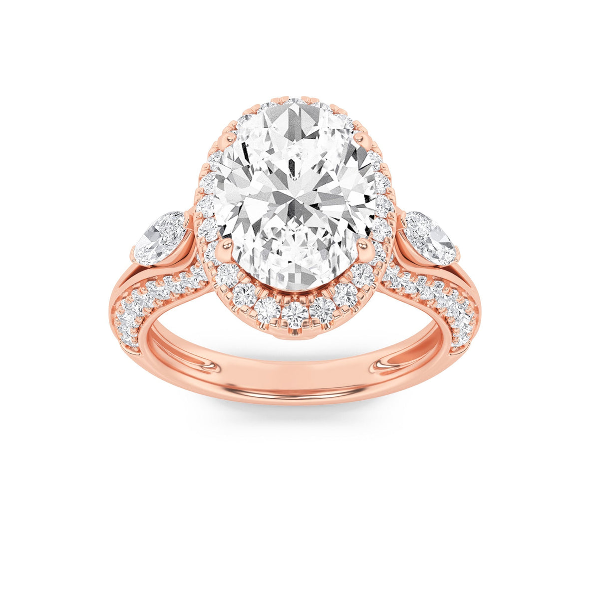 3CTW Oval Lab-Grown Diamond Prong Three Stone Halo Engagement Ring 65 Stones