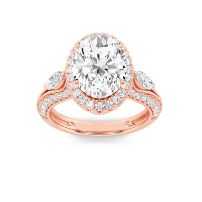 3CTW Oval Lab-Grown Diamond Prong Three Stone Halo Engagement Ring 65 Stones