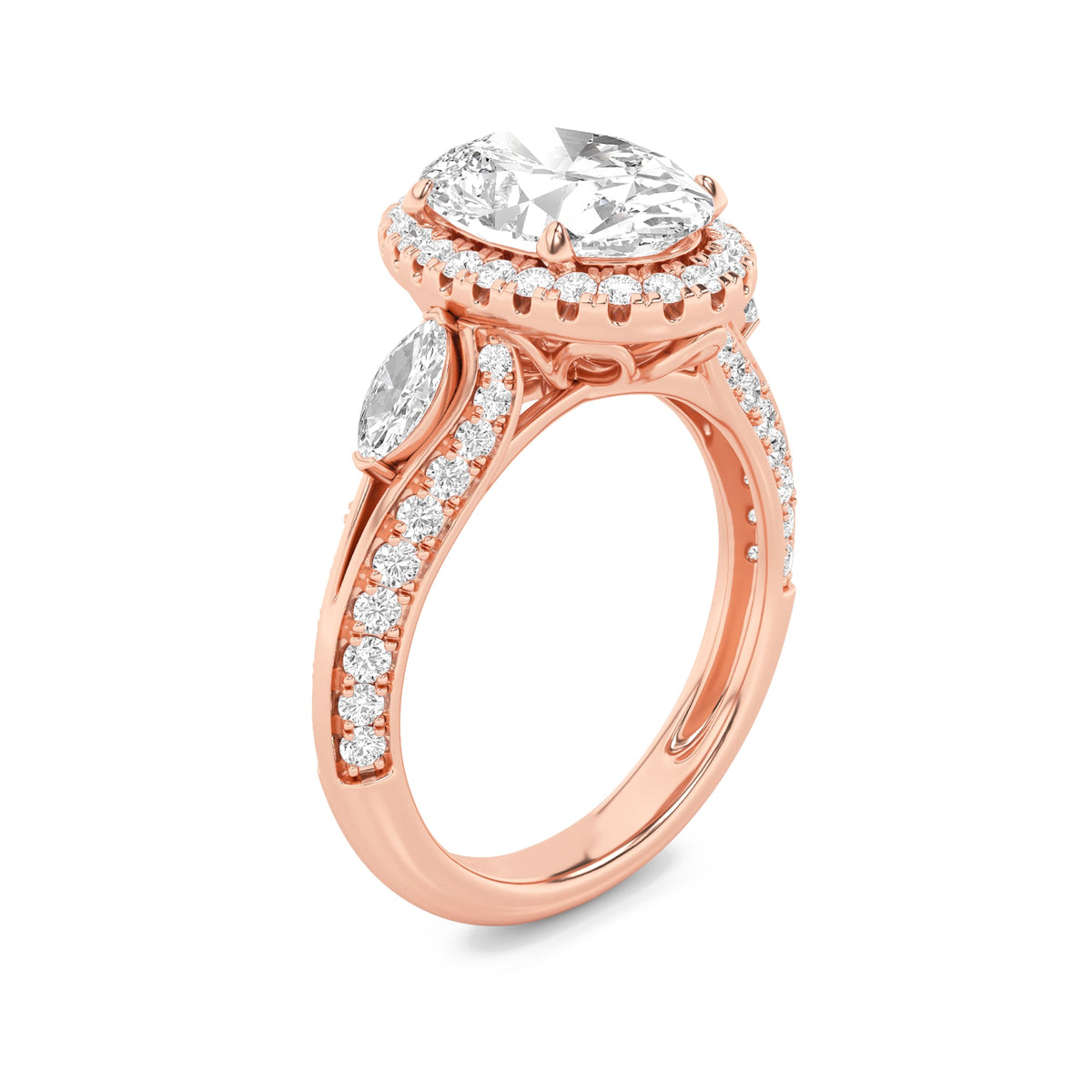 3CTW Oval Lab-Grown Diamond Prong Three Stone Halo Engagement Ring 65 Stones
