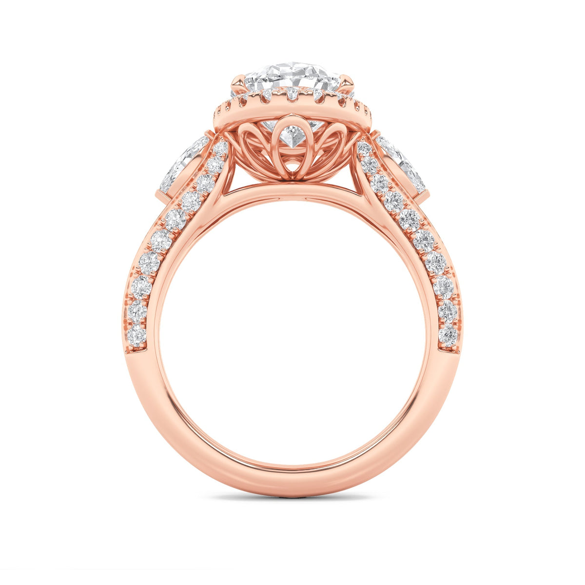 3CTW Oval Lab-Grown Diamond Prong Three Stone Halo Engagement Ring 65 Stones