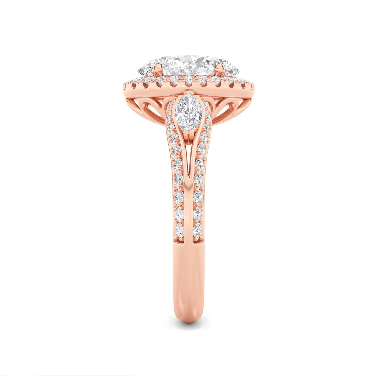3CTW Oval Lab-Grown Diamond Prong Three Stone Halo Engagement Ring 65 Stones