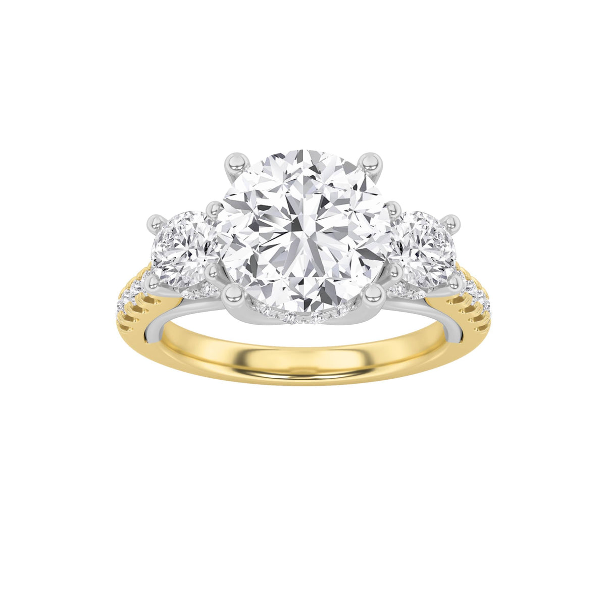 3CTW Round Lab-Grown Diamond Prong Accented Three Stone Ring 29 Stones