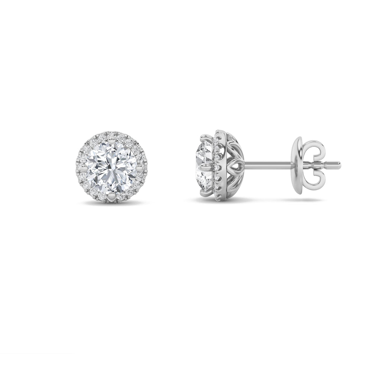 2CTW Round Lab-Grown Diamond Prong Halo Stud Earrings 38 Stones