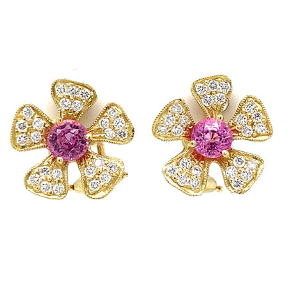 Floral Pink Sapphire Earrings in 18K Yellow Gold