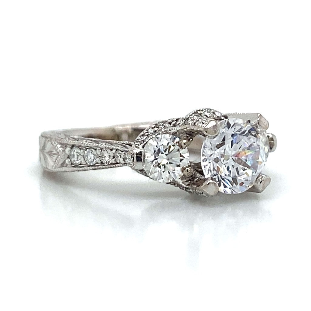 Three Stone Round & Pave Set Engagement Ring in 18K White Gold
