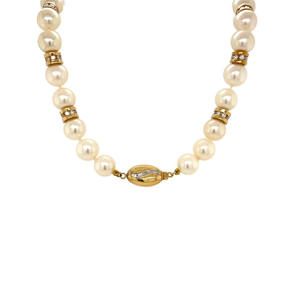 Diamond Roundels & Pearl Necklace in 14K Yellow Gold