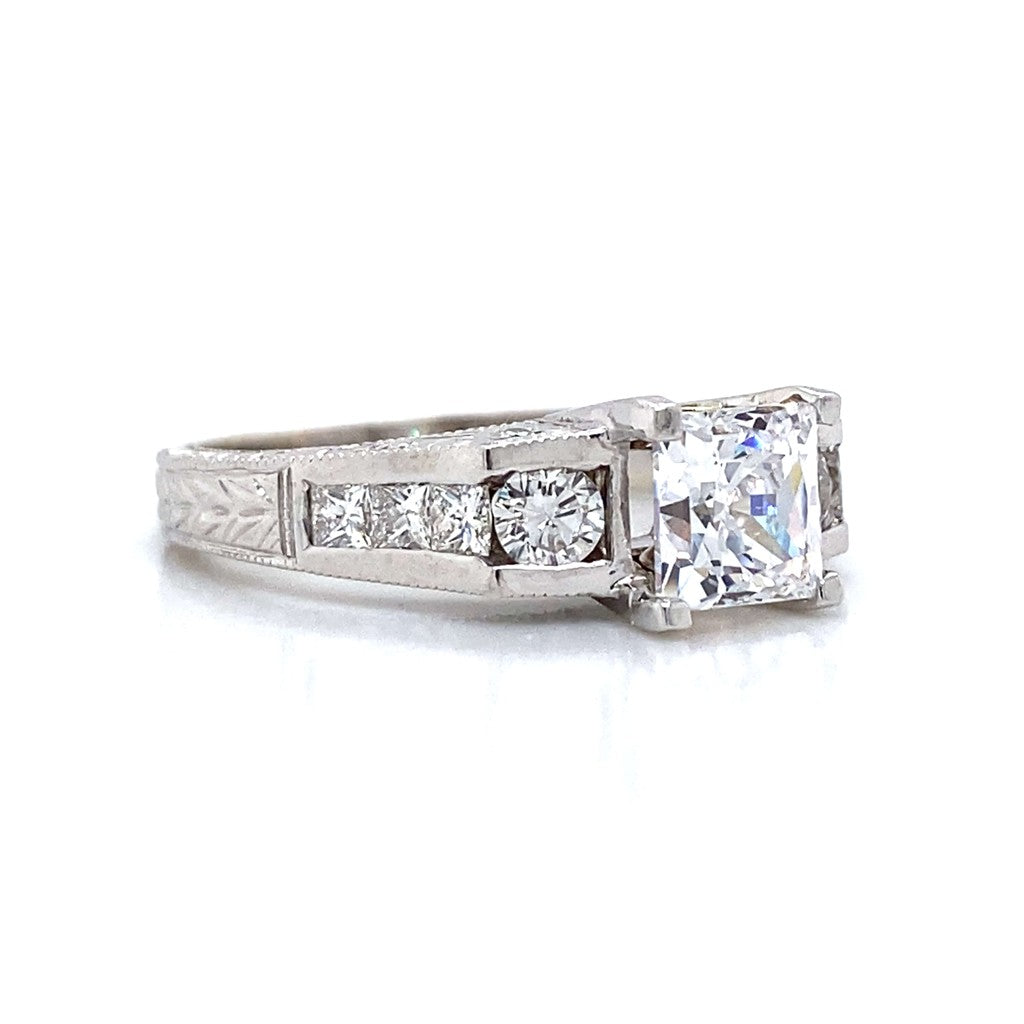 Side Stone Engraved Engagement Ring in 18K White Gold