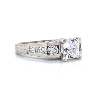 Side Stone Engraved Engagement Ring in 18K White Gold