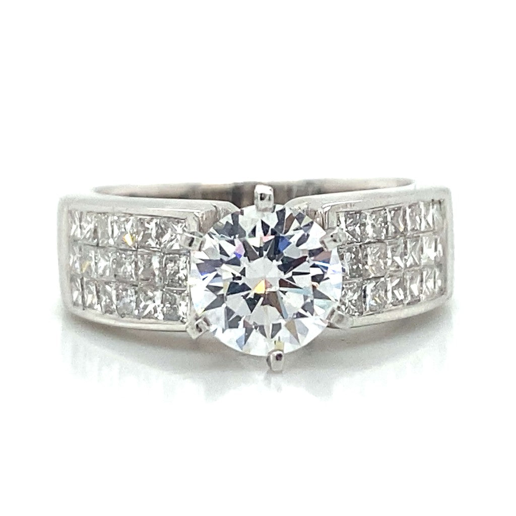 Side Stone Invisible Set Engagement Ring in 14K White Gold