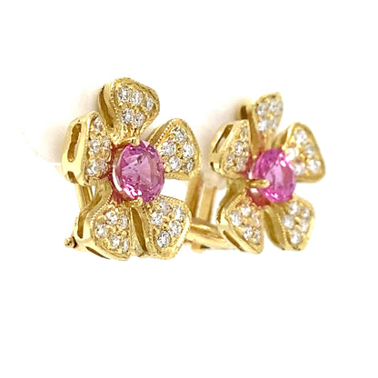 Floral Pink Sapphire Earrings in 18K Yellow Gold