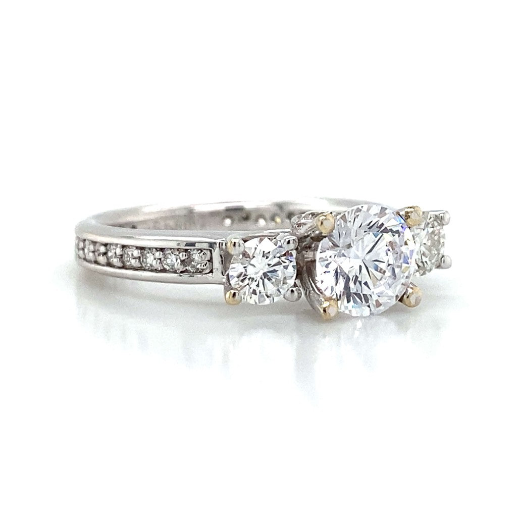 Three Stone Round & Pave Set Engagement Ring in 18K White Gold