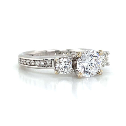 Three Stone Round & Pave Set Engagement Ring in 18K White Gold