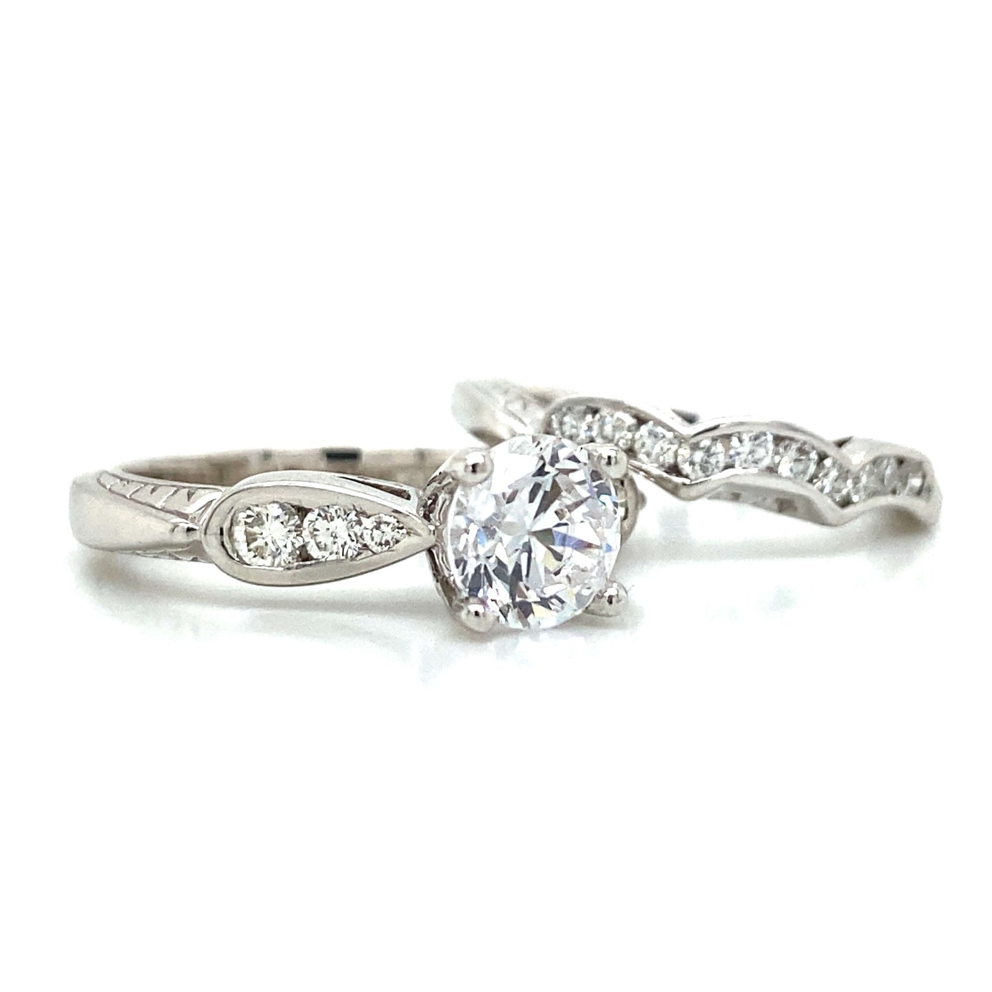 Side Stone Pave Engagement Set in 14K White Gold
