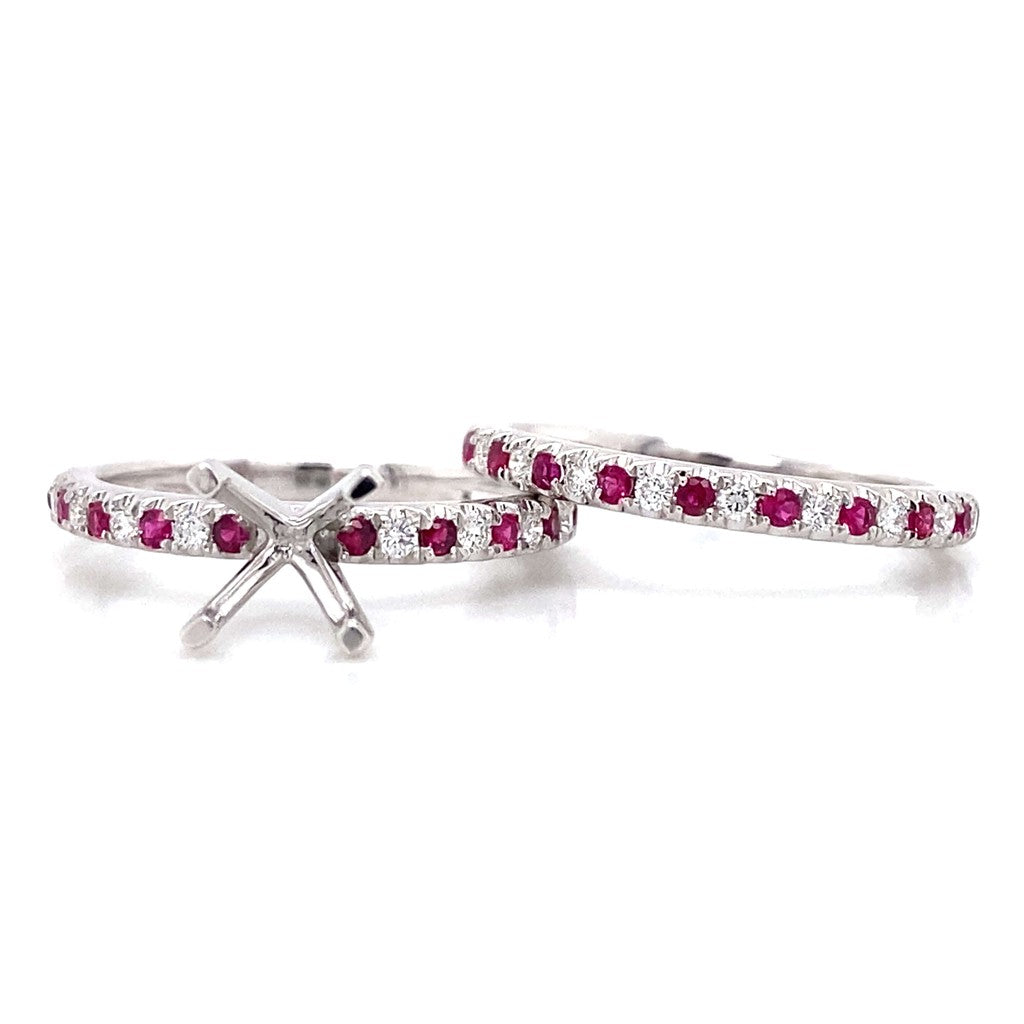 Pave Ruby & Diamond Engagement Ring in 18K White Gold