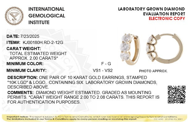 2CTW Round Lab-Grown Diamond Prong Three Stone Huggie Earrings 6 Stones G Color