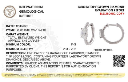 1.5CTW Oval Lab-Grown Diamond Prong Solitare Accent Huggie Earrings 14 Stones